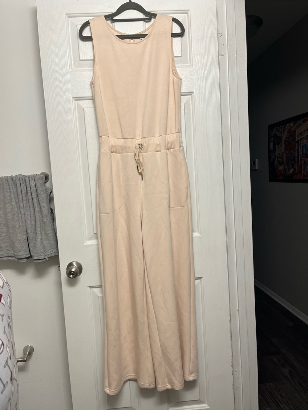Sleeveless Drawstring Wide-Leg Jumpsuit in Light Cream